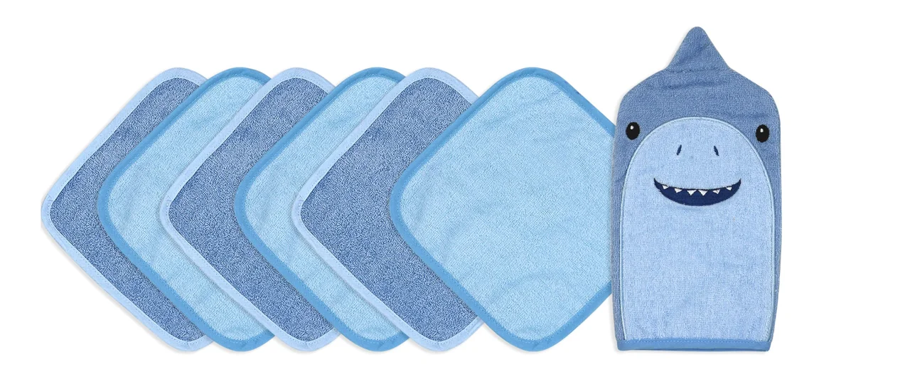 Washcloths & Wash Mitt Set | Blue Shark